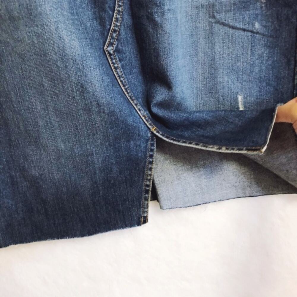 LOFT Medium Wash Distressed Denim Skirt with Front Slit - Picture 3 of 8
